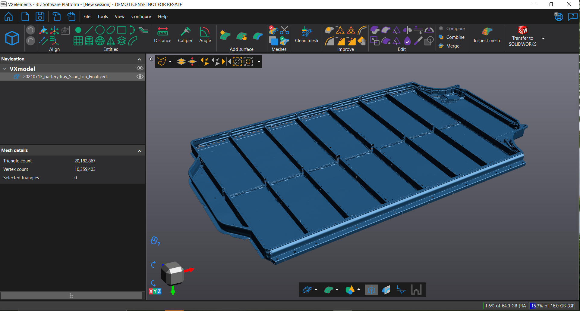 Detailed blue scan model of an EV battery tray displayed in the VXelements module VXmodel.